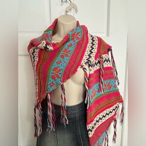 Beautiful Handmade Shawl in Vibrant Hot Pink and Turquoise w fringe tassels